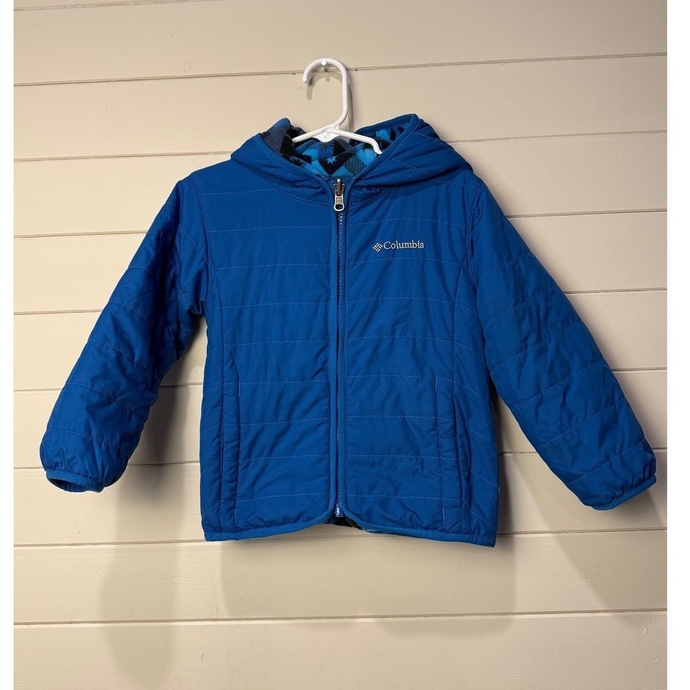 Columbia Reversible Puffer Jacket Toddler 4T Blue Geometric Fleece Insulated